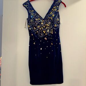 Hannah S Blue Velvet with iridescent Embellishments short Formal Dress